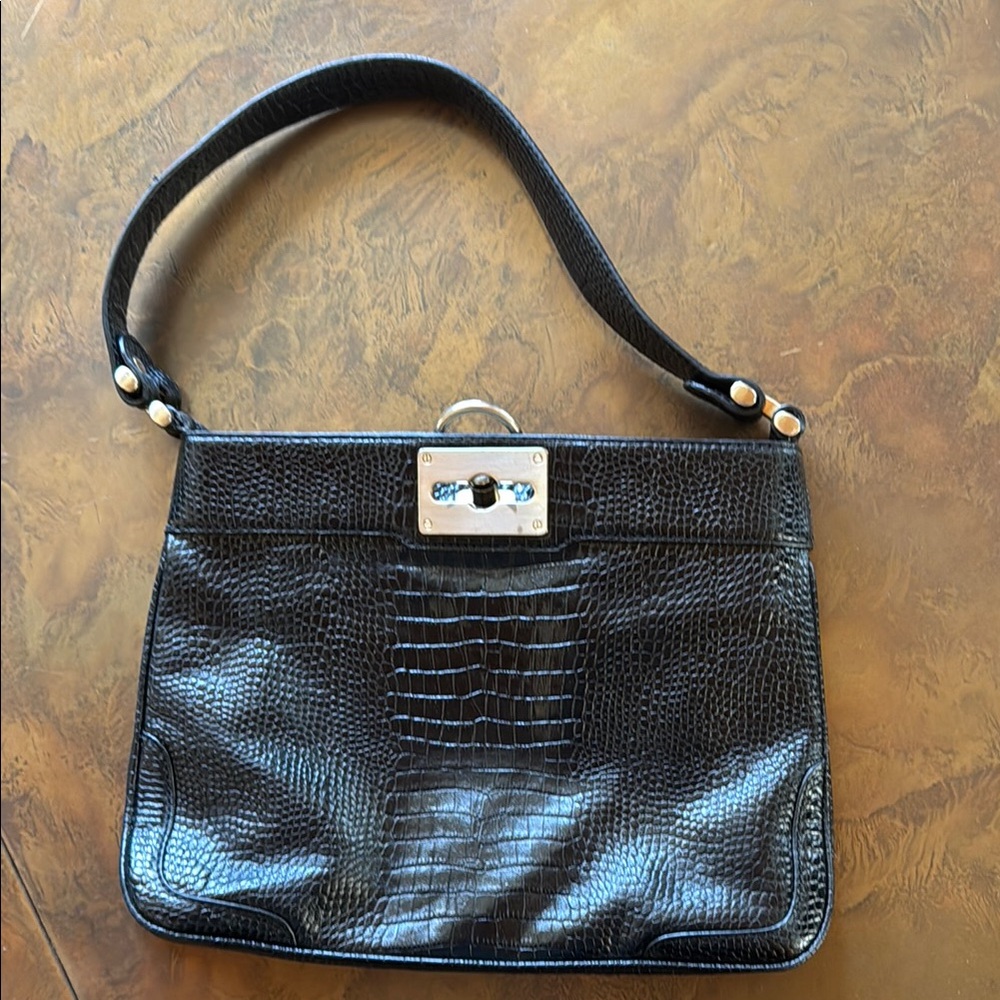Ann Taylor Black Shoulder Bag with Crocodile Texture